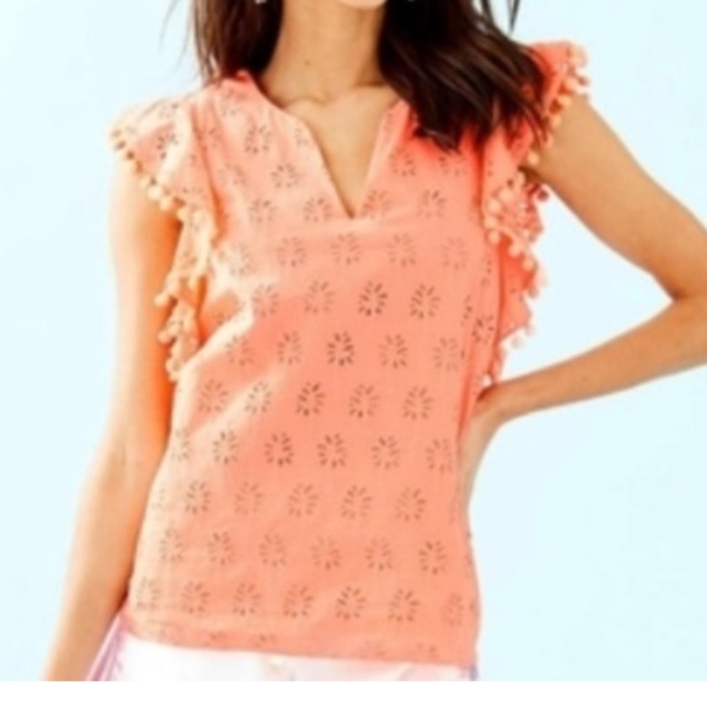 Lilly Pulitzer Astara Orange Eyelet Ruffle Sleeve Top size L